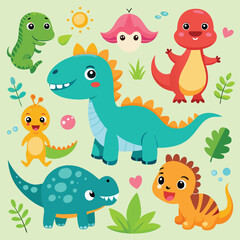 Naklejka premium Cute Dinosaur Illustrations: Cartoon Dino Characters for Kids' Projects
