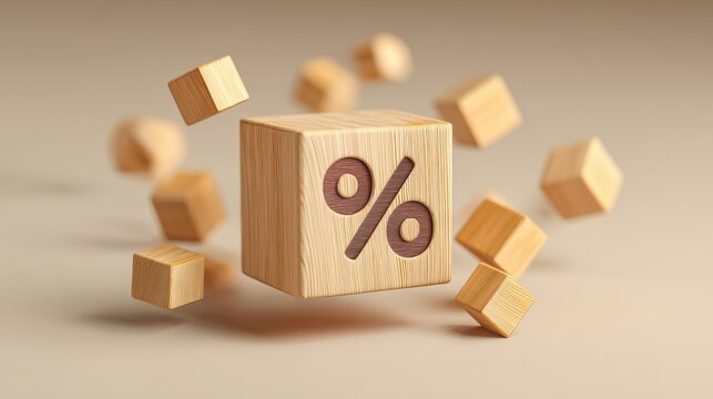 Vibrant photo of wooden block with percentage symbol surrounded by floating cubes.