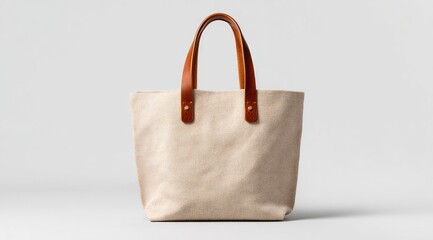 Light beige canvas tote bag with tan leather handles