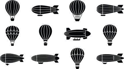 Collection of vintage airship and hot air balloon silhouettes