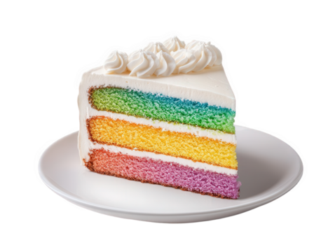 Delicious slice of rainbow layer cake with creamy frosting, a vibrant treat for any celebration.