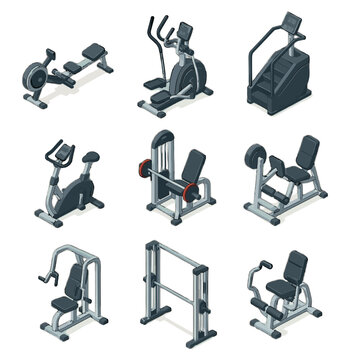Equipment gym crossover crunch machine vector icon isometric stair bike fly rowing
