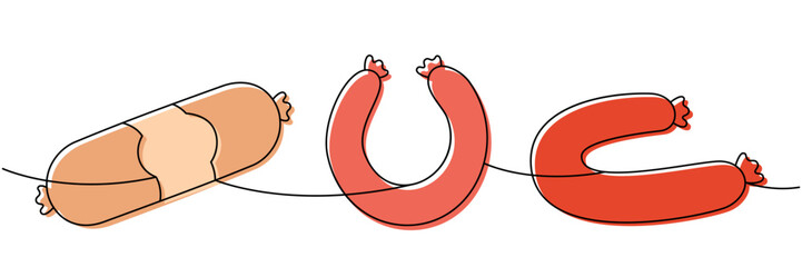 Doctor sausage, frankfurters sausage, round sausage one line colored continuous drawing. Meat products. Vector illustration