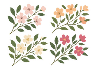 Set of floral arrangements, each displaying a mixture of flowers and twigs. Soft pastel hues highlight the natural beauty, creating a cheerful spring vibe. Vector flat illustration