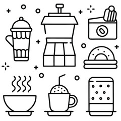 Coffee Icons: Line Art Graphics of Coffee Maker, Cups, Beans, and Donuts