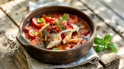 The national cuisine of Albania. Sea bass with tomatoes.