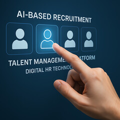 Close-up of hand selecting user profiles on AI-based recruitment and talent management platform, digital HR technology