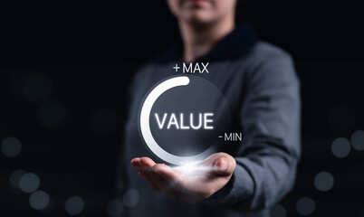 Business Value Added Concept. Increase worth of product or service. Businessperson presenting gauge with VALUE, max and min levels, symbolizing business growth, value addition, return on investment,