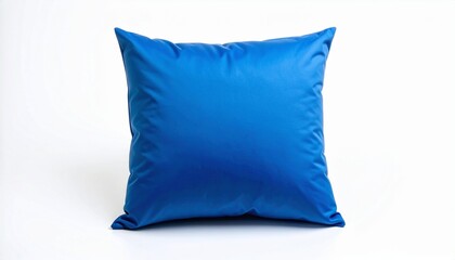 Square-shaped pillow with a bright blue satin or silk cover, placed on a plain white background,
