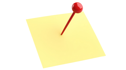 Yellow Sticky Note with Red Push Pin on Transparent Background for Reminders and Important Messages