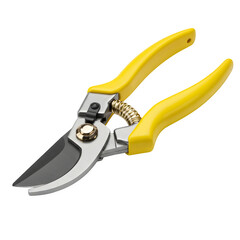 A pair of yellowhandled pruning shears isolated on white or a transparent background, a sharp tool for gardening, PNG format.