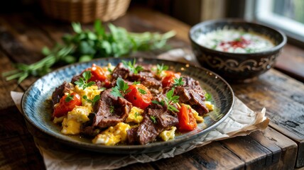 The national cuisine of Albania. "Fargesa tirana" (a dish of fried meat, liver, eggs and tomatoes)