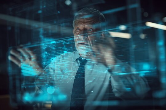 Experienced businessman analyzing futuristic holographic data with focused intensity in a modern, dimly lit workspace - Powered by Adobe