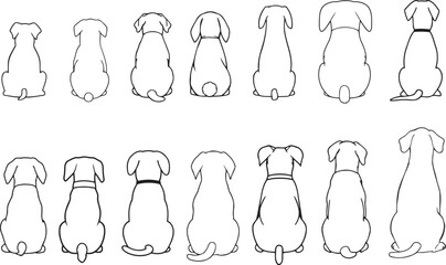 Minimalist black and white set of dogs (view from back). Clean outline  flat simple vector style.