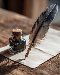 
A feather quill pen and ink bottle on a blank paper sheet mockup, in natural light, on a wooden table, with a simple composition, high-resolution photography,