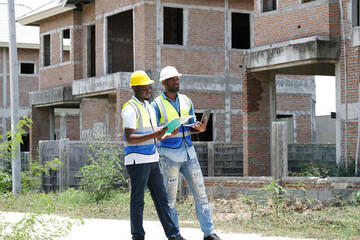 Male engineer holding a laptop and working at a construction site – engineering and architectural...