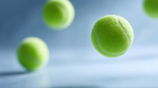 A fresh collection of tennis balls is floating in the air. The vibrant green color gives a lively feel to the image. Perfect for sports or fitness branding. Capture the energy of the game. AI