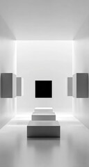 Empty white room, geometric displays, minimalist design