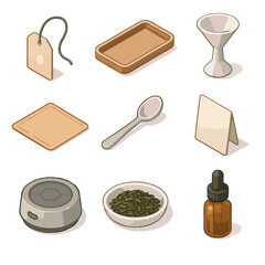 Aroma ceramic card name tea cup isometric vector dropper label icon tray
