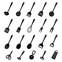 Illustration showing a set of black kitchen utensils icon with a handle, isolated on white background