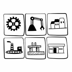 Factory and industry icons illustration isolated on white background, showcasing manufacturing, automation, and industrial processes in a simple design