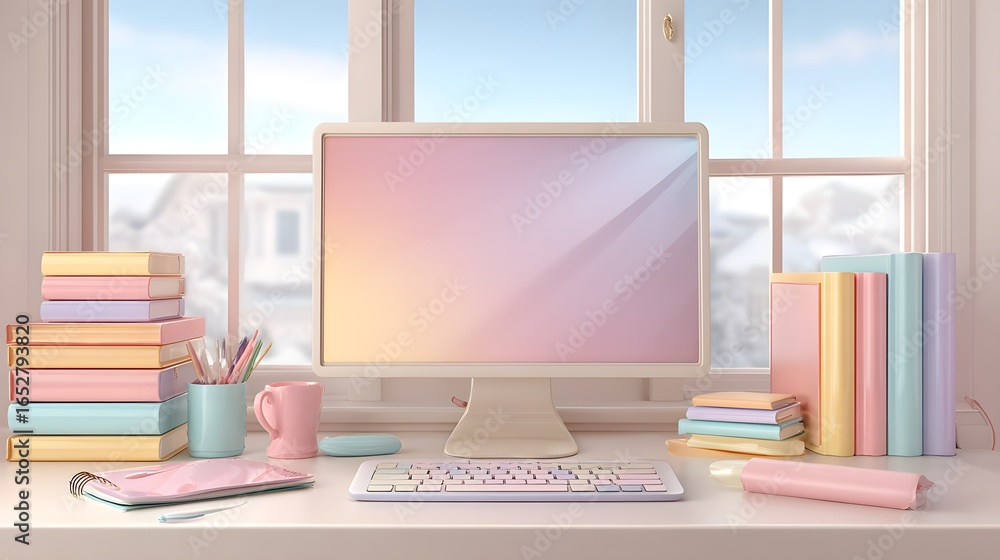 Poster a pastel-toned workspace scene displays a computer monitor with a soft gradient, books in various pa