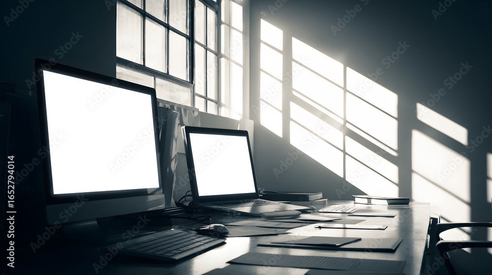 Poster modern workspace with multiple computer screens bathed in natural sunlight. a minimalist, profession
