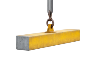 Heavy lifting concrete block with yellow safety coating suspended by industrial crane hook