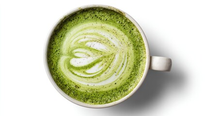 Top-down view of matcha latte in a white mug