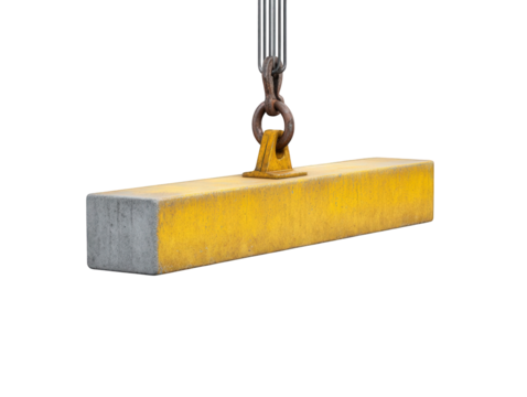 Heavy lifting concrete block with yellow safety coating suspended by industrial crane hook
