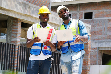 Male engineer holding a laptop and working at a construction site &ndash; engineering and architectural concept.