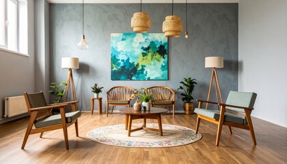 Modern, minimalist living room with mid-century style furniture and a large abstract painting