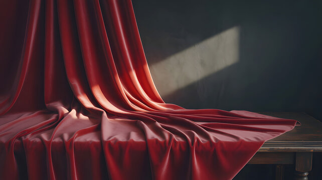 Silky red fabric draped elegantly on a wooden table under soft lighting in a minimalistic setting
