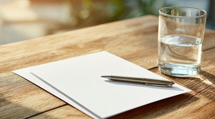 A blank white letterhead and pen on top of an oak table, with sunlight streaming through the window creating soft shadows,
