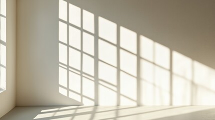 Obraz premium Sunlight Streams Through Window Casting Elegant Grid Shadow Pattern on Minimalist White Wall and Floor Creating Calming Atmosphere in Interior Design
