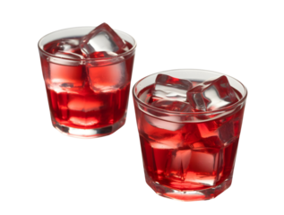 two glasses of red cold drink with ice cubes 