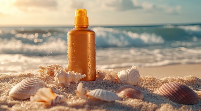 Golden sunscreen bottle on sandy beach with seashells - Powered by Adobe