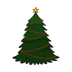 Christmas tree decorated with ornaments, baubles, ribbons, and shining star. Cozy holiday illustration winter celebration, New Year greeting cards, seasonal design, and festive decoration