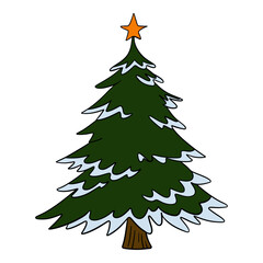 Obraz premium Christmas tree decorated with ornaments, baubles, ribbons, and shining star. Cozy holiday illustration winter celebration, New Year greeting cards, seasonal design, and festive decoration