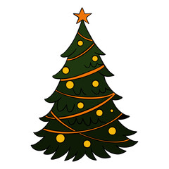 Christmas tree decorated with ornaments, baubles, ribbons, and shining star. Cozy holiday illustration winter celebration, New Year greeting cards, seasonal design, and festive decoration