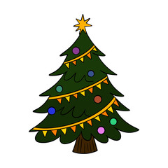 Christmas tree decorated with ornaments, baubles, ribbons, and shining star. Cozy holiday illustration winter celebration, New Year greeting cards, seasonal design, and festive decoration