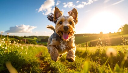 A joyful dog runs through a sunny field, its tongue out, ears flapping in the wind.
