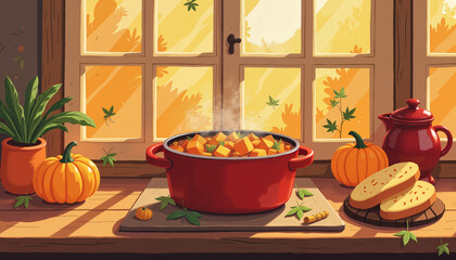 Cozy kitchen with simmering pot and autumn decor
