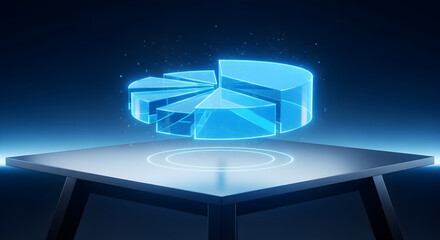 Futuristic 3D holographic pie chart with glowing blue translucent segments projected for data analysis.