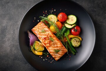 Grilled salmon fillet with roasted vegetables on black plate