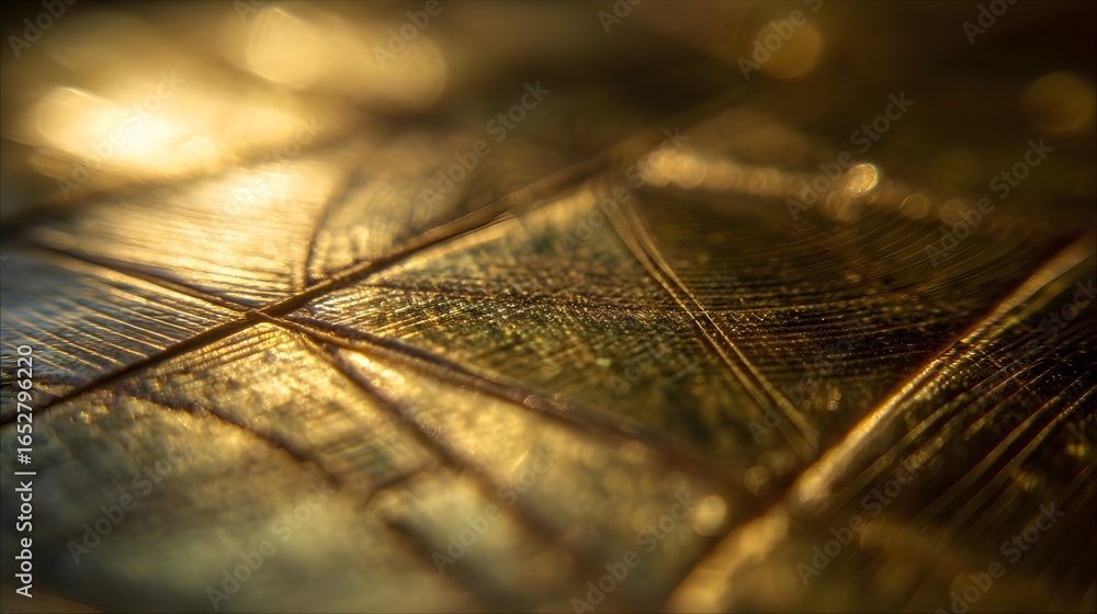 Poster close-up view of a golden, textured surface showcasing intricate patterns and lines, illuminated by 