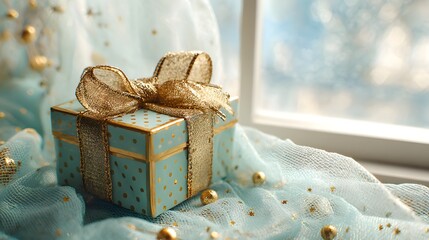 A light teal gift box with gold polka dots and ribbon sits on a sheer light teal fabric draped over a windowsill, highlighting a soft and festive mood.