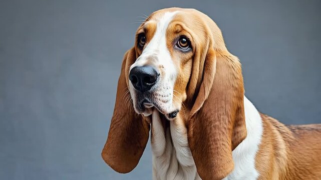 Basset hound with droopy eyes and extra-long ears, classic and elegant pose, soft even lighting highlighting fur texture
