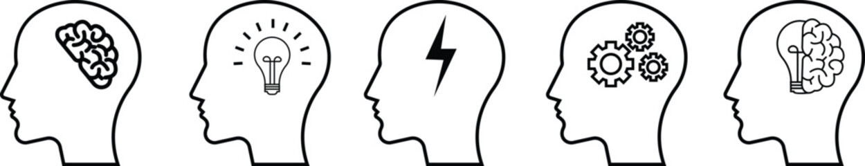 Human head idea icon set, creativity and innovation symbol collection with brain, bulb, gear and lightning group in line black solid outline style vector illustration for business and education