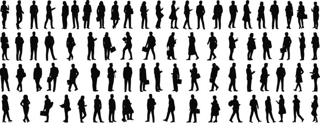 Business people silhouettes vector, diverse men women, office workers, corporate team, professional group, black and white, standing, walking, vector illustration.